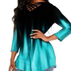 NWT Women's Criss Cross NeckTeal Blue & Black Color T-shirt Size Small